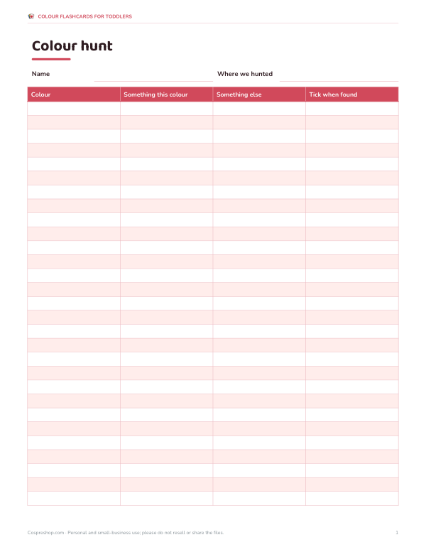 Preview of Printable Colour Hunt Sheet